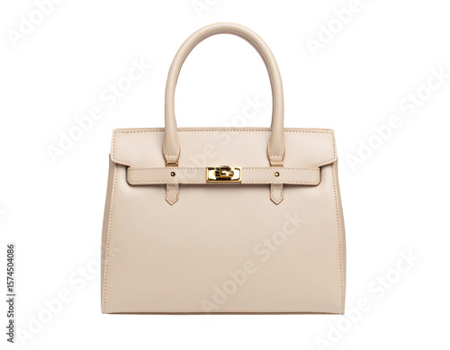 Elegant Nude Beige Leather Handbag with Gold Clasp – Isolated on Transparent Background