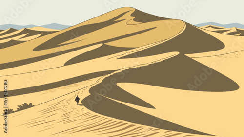 Explore the majestic desert landscape with sand dunes and a lone figure walking across the vast expanse of sand