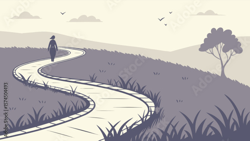 Woman walking on winding path illustration landscape scenic view travel and adventure journey destination 100