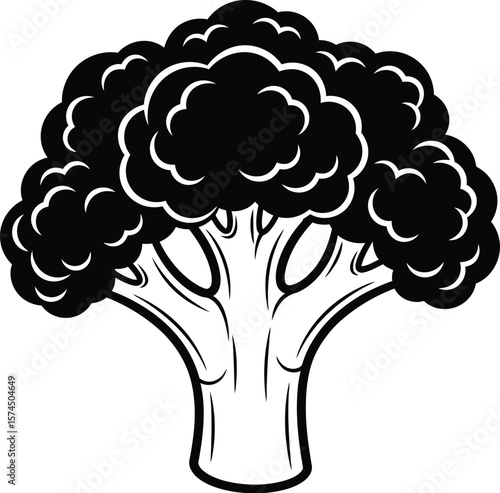 Black and white graphic of broccoli showcases fresh produce, perfect for health food promotions, dietary guides and vibrant organic farm advertisements.