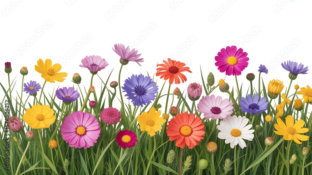 Fototapeta premium Vibrant wildflowers and green grass border against a clean white background