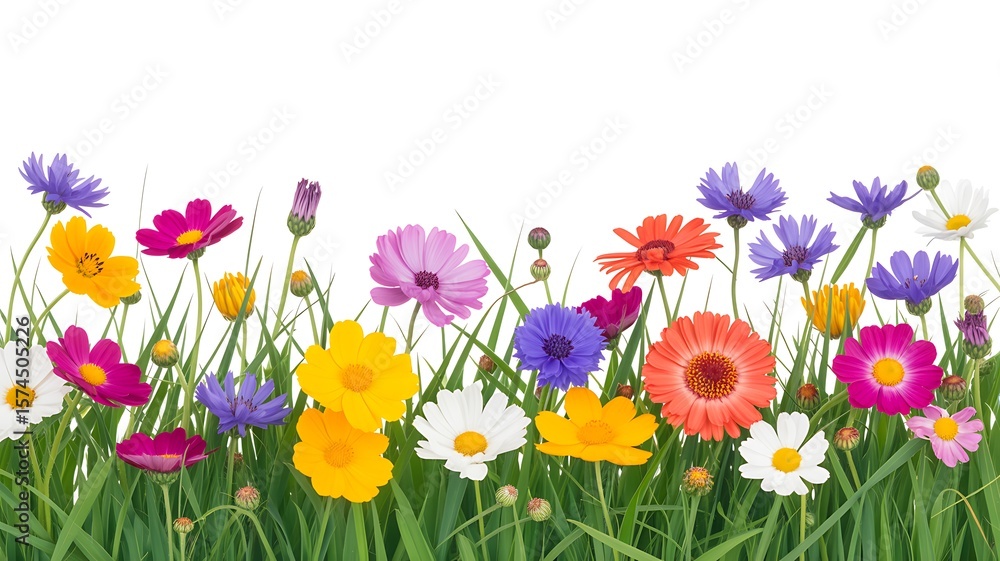 Fototapeta premium Vibrant wildflowers and green grass border on a clean white background
