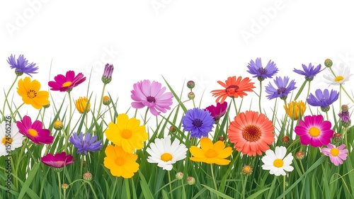 Vibrant wildflowers and green grass border on a clean white background