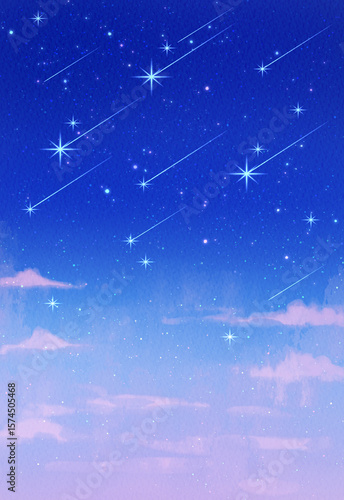 星空の背景イラスト　風景　夜空　流れ星　流星群　水彩　青