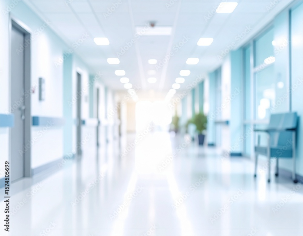 Obraz premium Bright, empty defocused hospital corridor background with copy space.