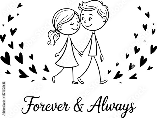 wedding stick figure holding hands and smiling eachother with hearts