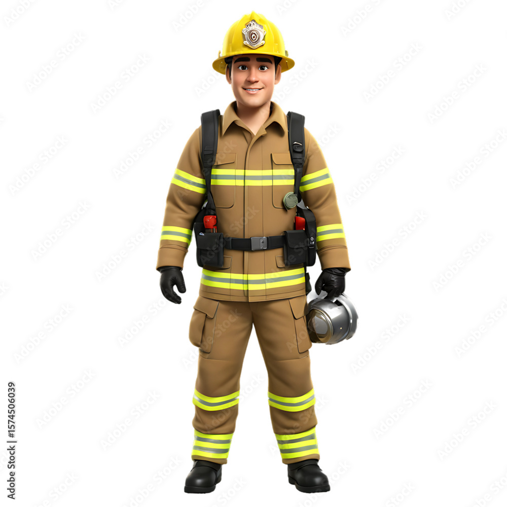 A 3D animated-style character of a firefighter in a brown uniform and yellow helmet - AI Generated A 3D animated-style character of a firefighter in a brown uniform and yellow helmet - AI Generated
