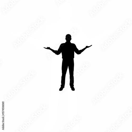 Silhouette of man standing at invisible crossroad with unsure body language on white background