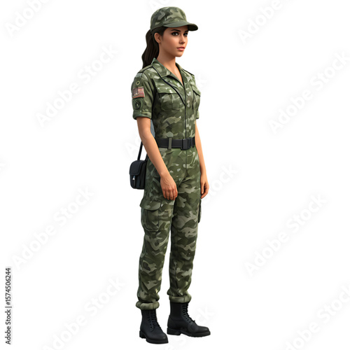 A realistic 3D model of a female soldier in a camouflage uniform and patrol cap - AI Generated