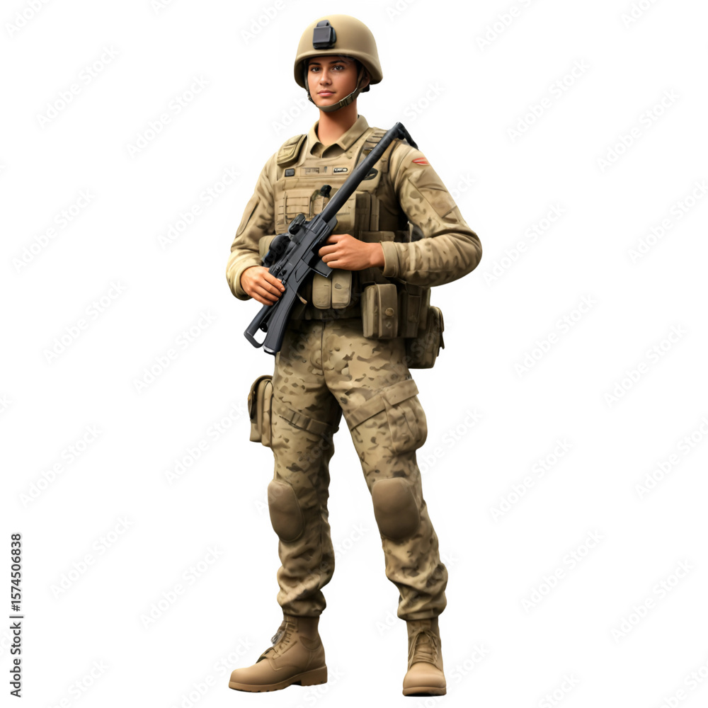 A realistic 3D character of a female soldier in desert camouflage, holding a rifle - AI Generated A realistic 3D character of a female soldier in desert camouflage, holding a rifle - AI Generated