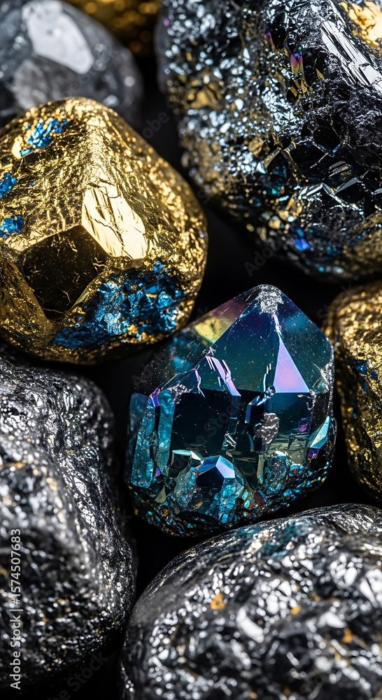 Fototapeta premium Macro shot of stunning iridescent mineral specimens with shiny surfaces and colorful textures