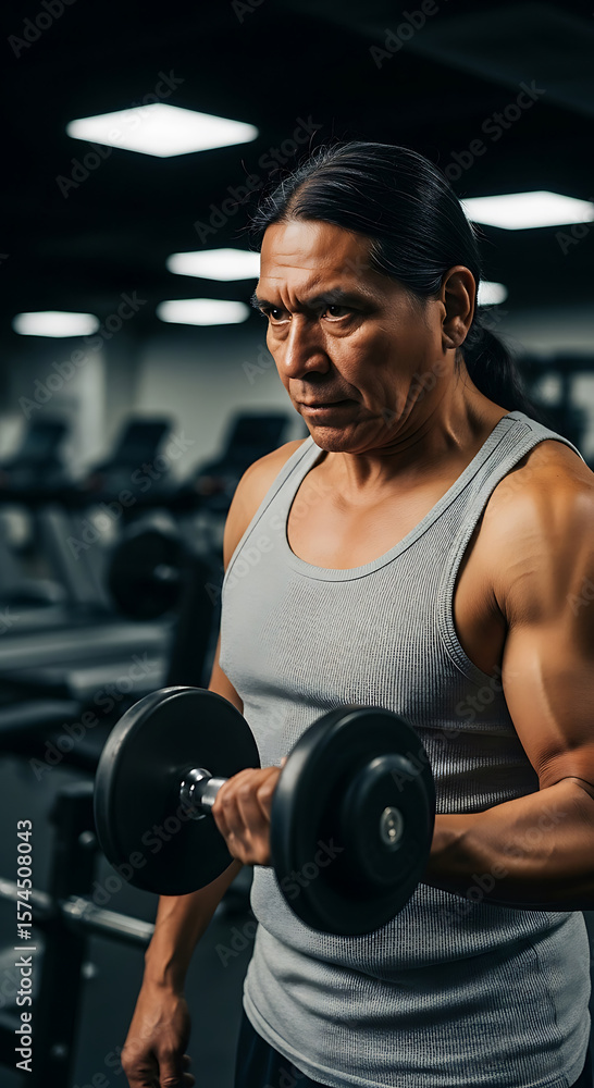 Fototapeta premium Strong native american man lifting dumbbell in gym focused on health and fitness