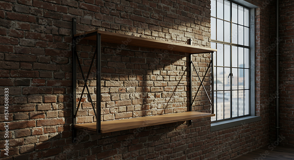 Obraz premium Industrial Loft Interior with Brick Wall, Wooden Shelves, and Window