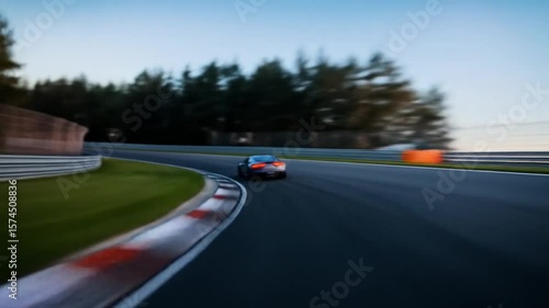 Car speeding on race track during sunset, motion blur, rear view, driving fast
