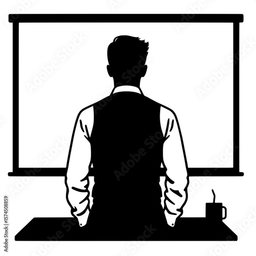 Black and White Vector Silhouette of a Man Presenting to a Screen