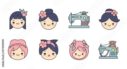 Kawaii Sewing Icons: Cute Girls and Sewing Machines