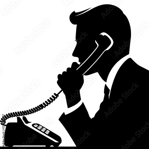 Black and White Vector Silhouette of a Man Using Office Phone