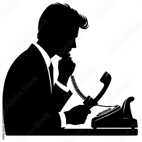 Black and White Vector Silhouette of a Man Using Office Phone