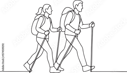 Couple Hiking with Trekking Poles Mountain Adventure Line Drawing
