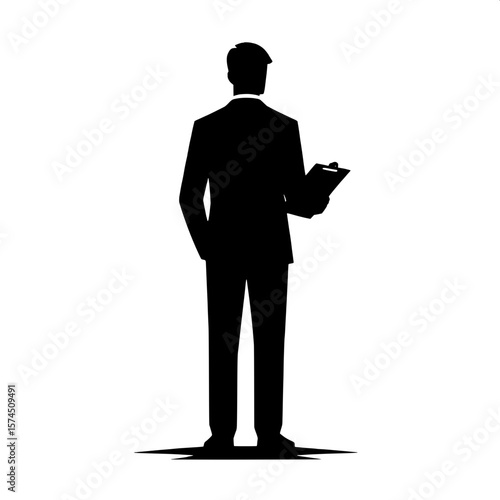 Black and White Vector Silhouette of a Man Holding Clipboard