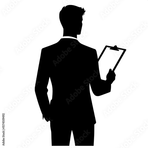 Black and White Vector Silhouette of a Man Holding Clipboard