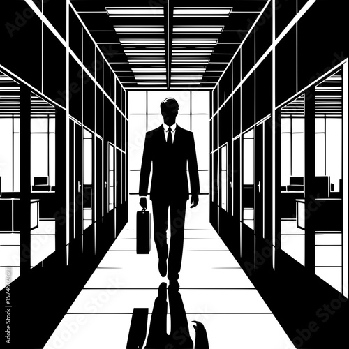 Black and White Vector Silhouette of a Man Walking in Hallway