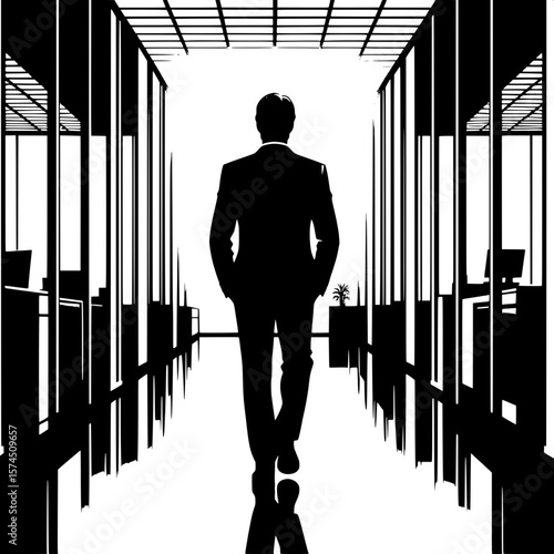 Black and White Vector Silhouette of a Man Walking in Hallway