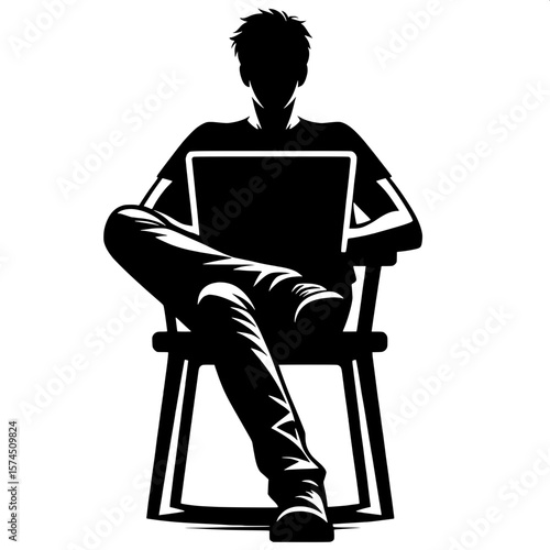 Black and White Vector Silhouette of a Man Sitting with Laptop on Lap