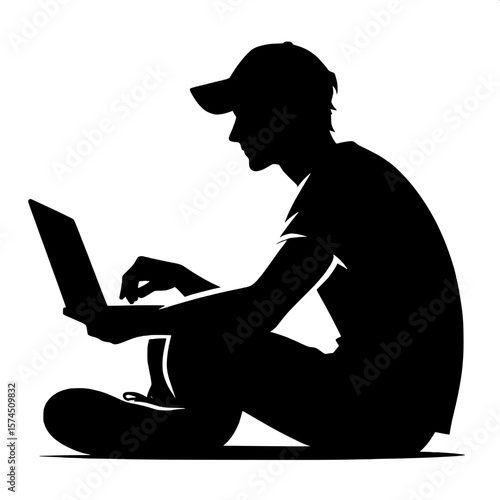 Black and White Vector Silhouette of a Man Sitting with Laptop on Lap