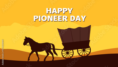 Vector art of a silhouette of a horse pulling a wagon celebrates pioneer day