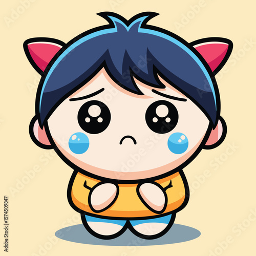 Sad cartoon character with anime-style features and  large expressive eyes