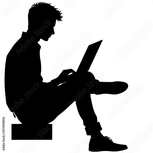 Black and White Vector Silhouette of a Man Sitting with Laptop on Lap