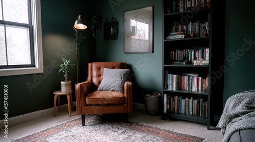 Fototapeta Naklejka Na Ścianę i Meble -  dark moody reading nook, deep green walls, leather armchair, dim floor lamp, tall bookshelf, vintage rug