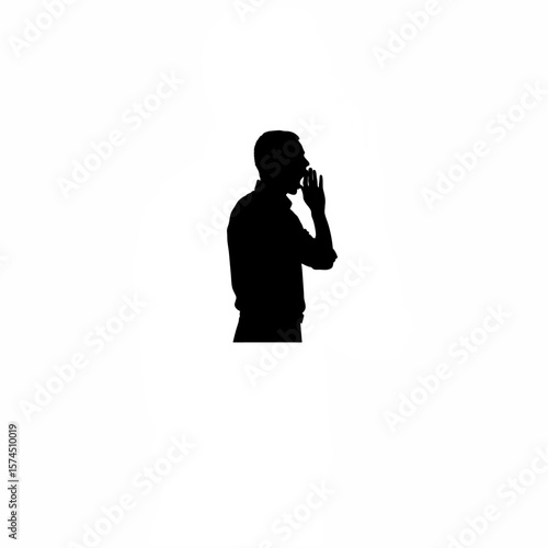 Silhouette of man suddenly pausing with one hand over mouth on white background