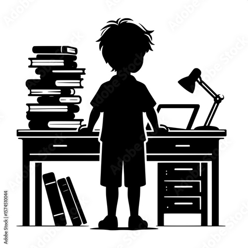 Black and White Vector Silhouette of a Boy Standing Near Desk with Books
