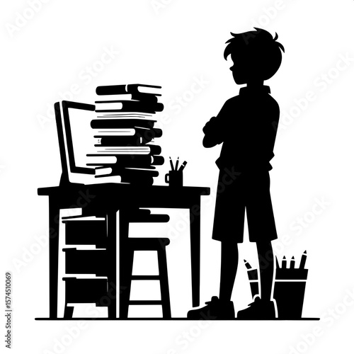 Black and White Vector Silhouette of a Boy Standing Near Desk with Books