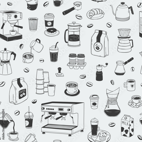 Hand drawn seamless pattern of coffee break with equipment, machines, cups, kettle, milk, espresso, beans in sketch style. Vintage linear design for poster, print, wrapping paper, menu, wallpaper