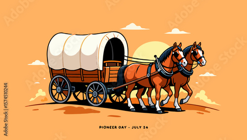 Illustration of a pioneer day covered wagon pulled by horses