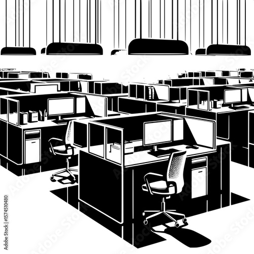 Black and White Vector Silhouette of Office Cubicles with Empty Chairs