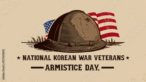Vector art of vintage korean war veterans armistice day with helmet and american flag