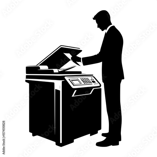 Black and White Vector Silhouette of a Man Using a Photocopier