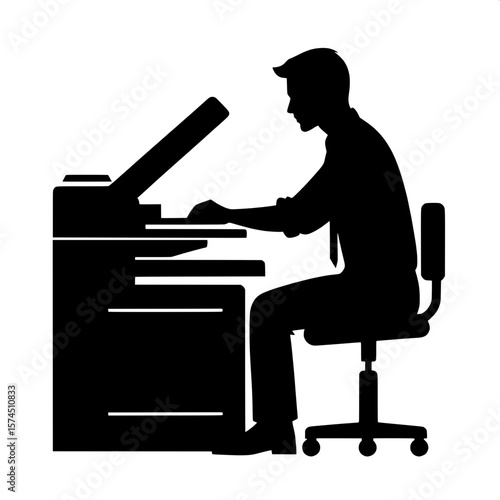 Black and White Vector Silhouette of a Man Using a Photocopier