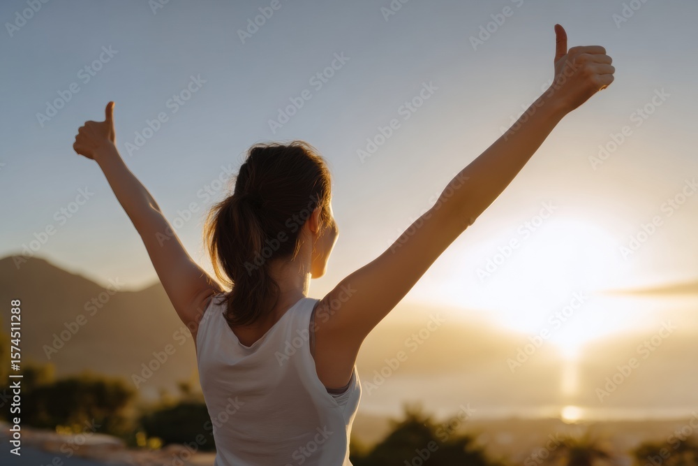 Woman with arms raised in thumbs up gesture celebrates beautiful sunset, expressing joy and positivity. warm colors of sky enhance uplifting atmosphere Woman with arms raised in thumbs up gesture celebrates beautiful sunset, expressing joy and positivity. warm colors of sky enhance uplifting atmosphere