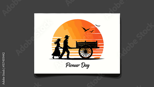 Vector art of silhouette of pioneers with a cart celebrating pioneer day