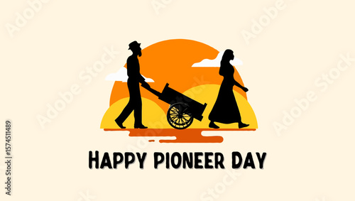 Vector art of silhouette of pioneers with a cart celebrating pioneer day