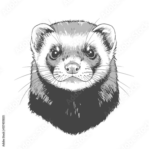 BlackFooted Ferret-Mustela nigripes. A detailed sketch of a ferret, showcasing its elegant fur and small mammal features. The black and white illustration captures the animal's natural pose