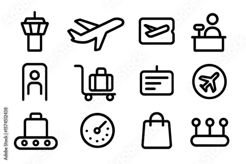 Linear airport icons: travel and aviation symbols on dark background