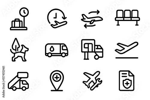 Minimalist travel and flight icons set for navigation and transportation design