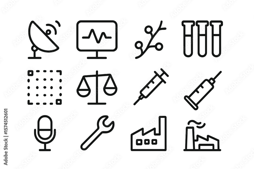 Minimalist technology and science icon set on dark background Minimalist technology and science icon set on dark background