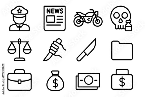Dark themed crime icons set with skull, knife, and money symbols in linear style